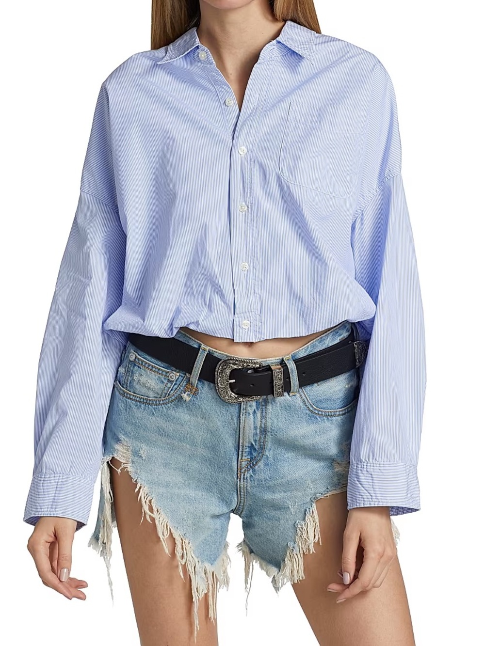 New R13 Gathered Hem Shirt in Blue Cotton Size Small